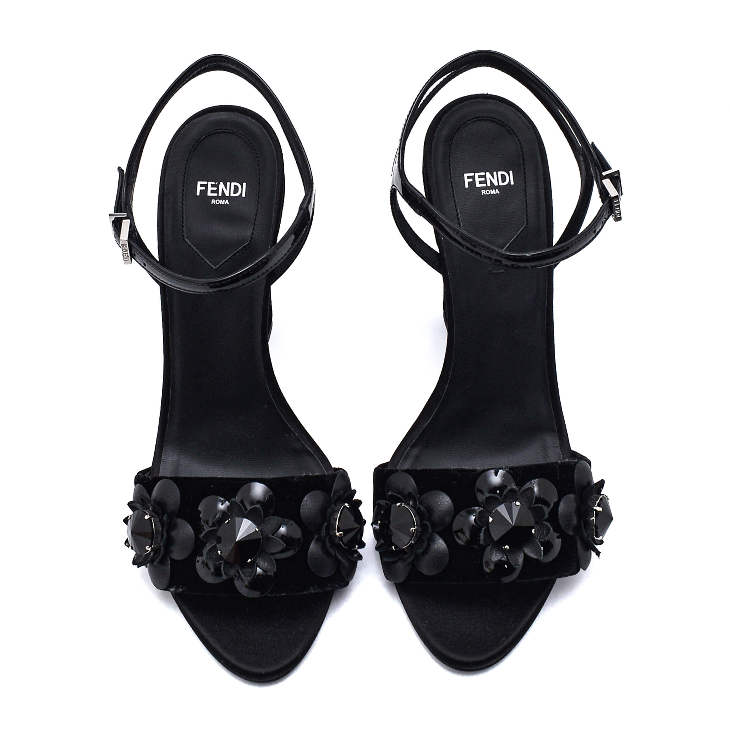 Fendi- Black Floral Stone Pump Suede Sandals